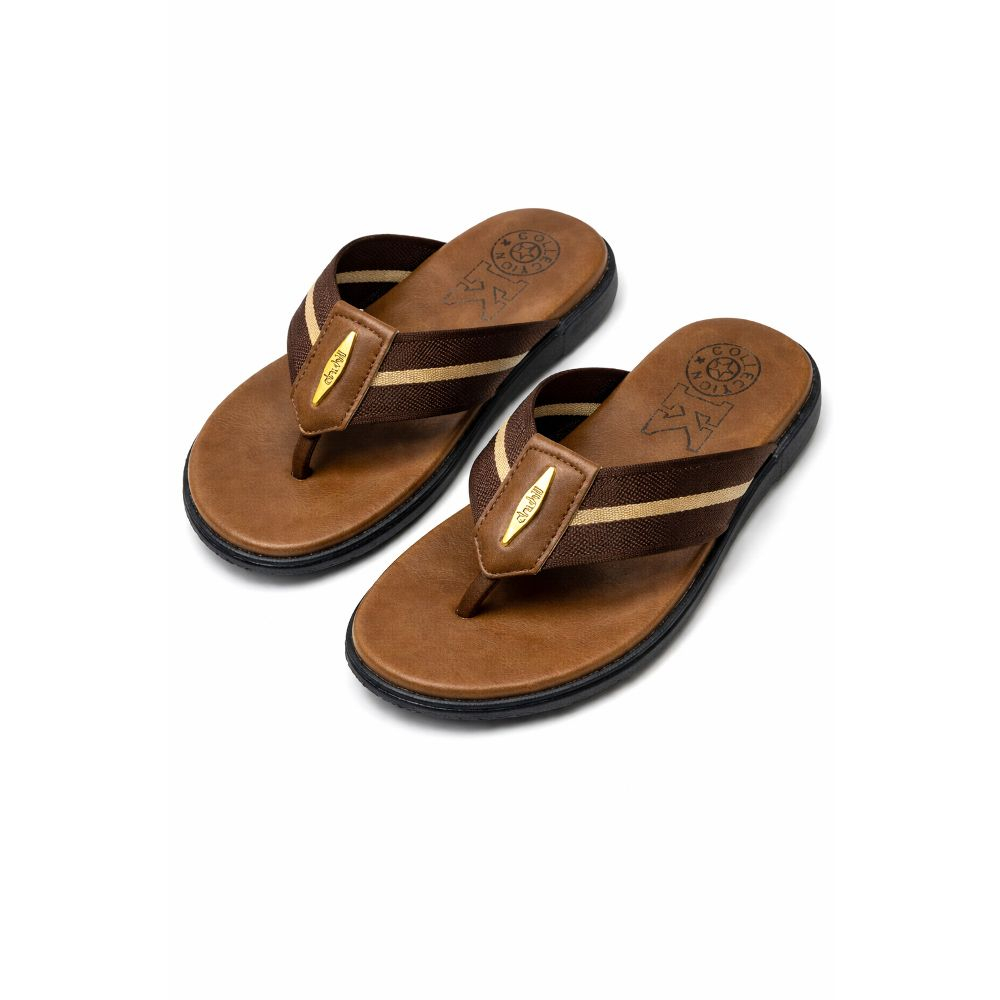 Mens OpenToe Brown Slippers with Striped Straps